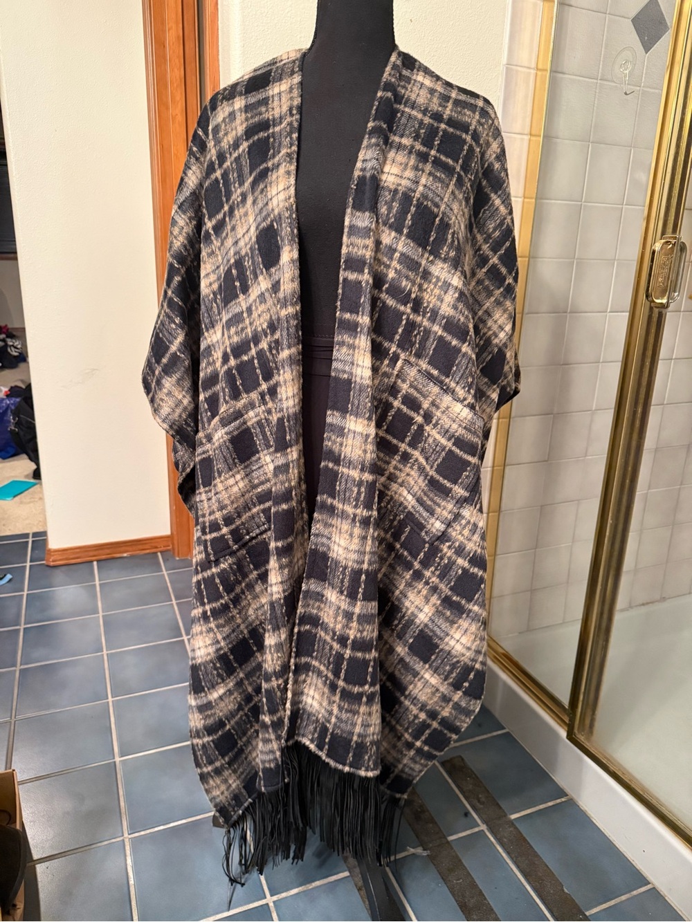 AKIRA Black & Cream Plaid Fringe Wrap Cape